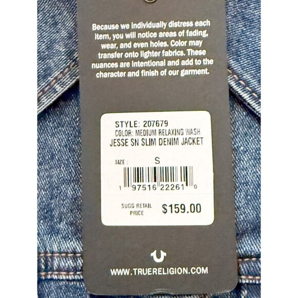 True Religion NWT Sz S  Medium  Wash Jesse Single Needle Slim Fit Denim Jacket - Picture 3 of 14